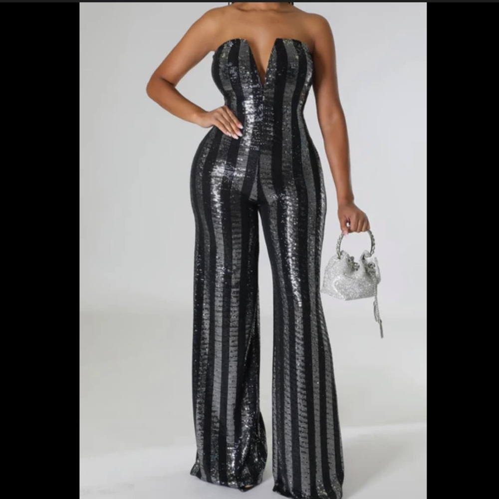 Strapless Black & Silver Sequin Jumpsuit